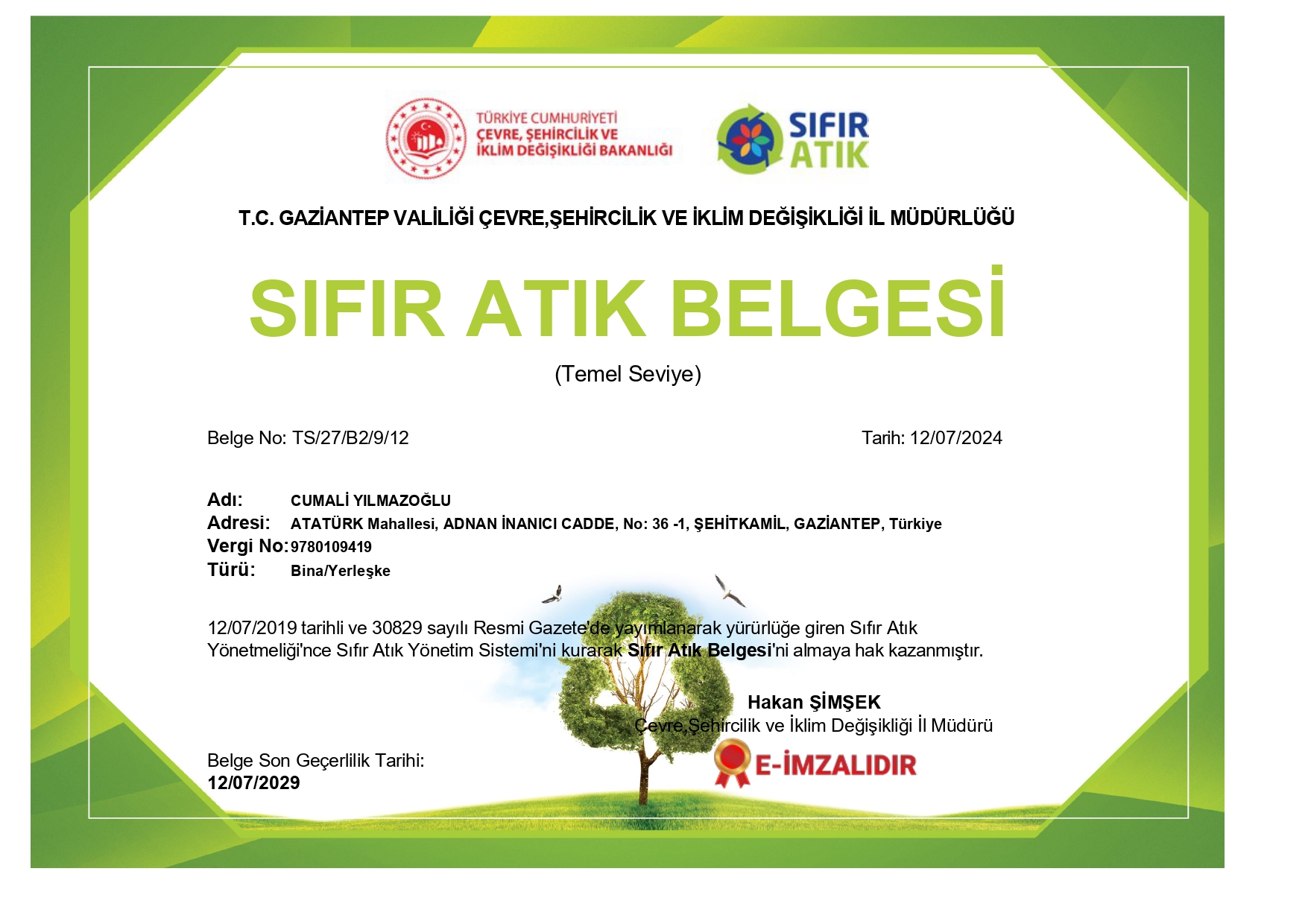 Sıfır Atık Belgesi